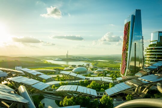 A futuristic city with solar panel roofs and a high-rise building - Powered by Adobe
