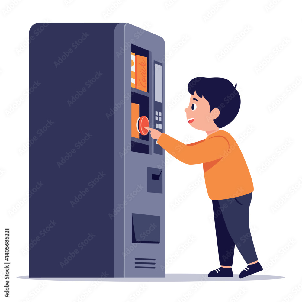 Poster a cheerful boy interacting with a modern vending machine in a bright, minimalistic style, displaying