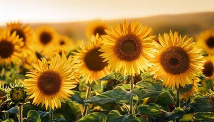 Obraz premium Closeup of blooming tall large yellow sunflowers in grass meadow summertime