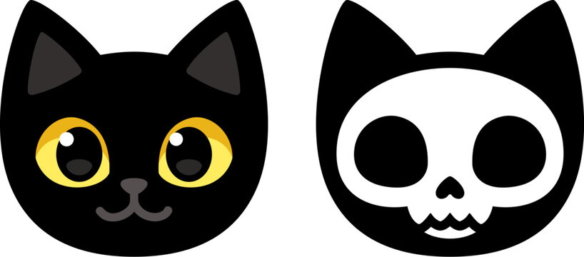 Cartoon black cat head with skull, cute Schrodinger's cat illustration, half dead and alive. Funny Halloween clip art design.