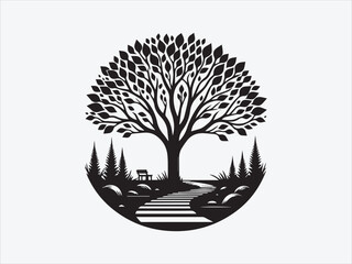 Naklejka premium Tree and Pathway Silhouette with Serene Landscape Scene for Nature, Journey, and Tranquil Design