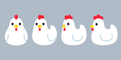 Cute cartoon white hen set. Front view, side view. Video game chicken sprite, turnaround animation. Simple kawaii style vector clip art illustration. © sudowoodo