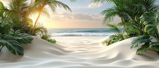 Fototapeta premium Sandy path to ocean, framed by palms, lush plants, beach waves, tranquil morning glow