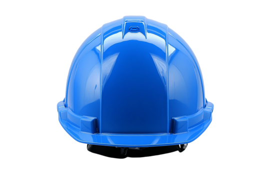 Rear view of a vivid blue hard hat on a solid transparent background, showcasing protection and safety gear