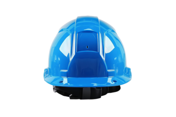 A sleek blue hard hat with a glossy finish, viewed from the back, against a stark transparent background