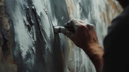 Painter adding finishing touches to a freshly painted wall. Featuring smoothness and attention to detail