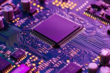 Obraz premium A close-up view of a colorful circuit board showcasing intricate circuitry and components, highlighting modern technology's complexity and design.