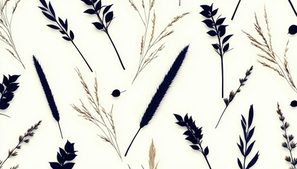 A visually striking arrangement of black leaves and grasses on a light background, showcasing nature's beauty in a minimalist design.
