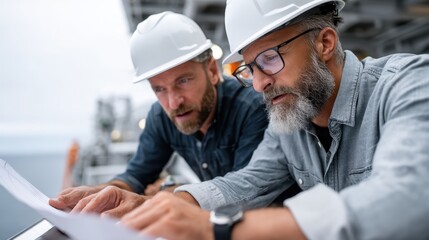Caucasian male engineers examining blueprints at construction site