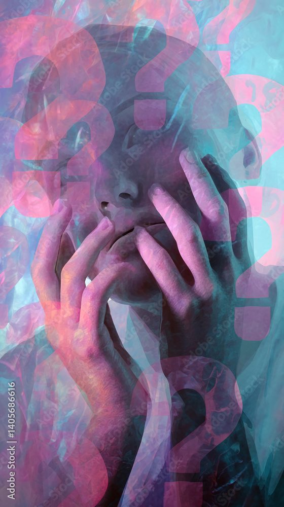 Aufkleber abstract image of a face obscured by hands and overlaid with translucent question marks in pink and 