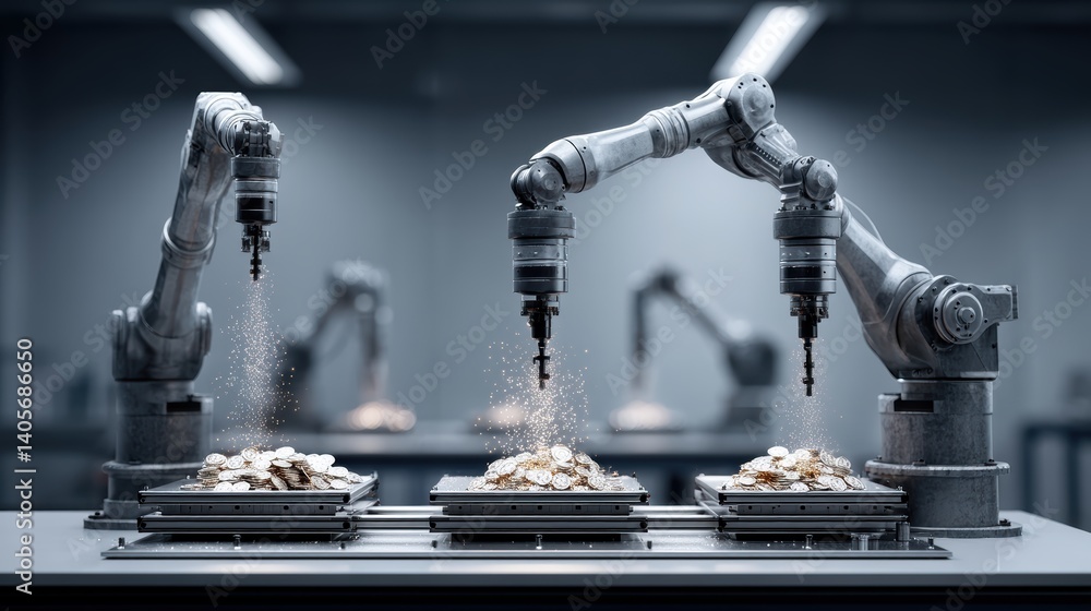 Poster robotic arms sorting coins in industrial setting under bright lighting