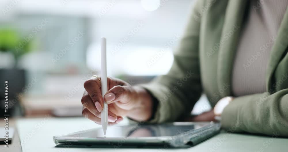 Fototapete Office, hands and person with tablet writing, ux design and notes with developer for software update. Closeup, business employee and web designer with digital pen for ui testing, information and tech