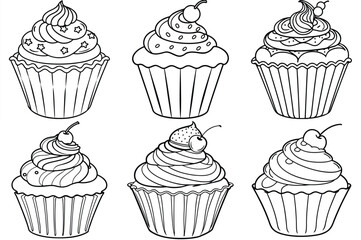 Cup cake outline vector illustration isolated on white background.