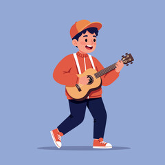 Naklejka premium Young boy joyfully walking and playing a guitar in a vibrant flat vector illustration style