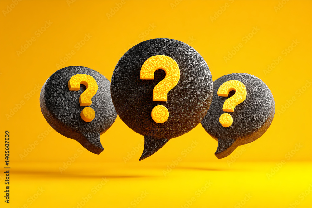 Poster three black speech bubbles with yellow question marks on a yellow background, symbolizing questions,