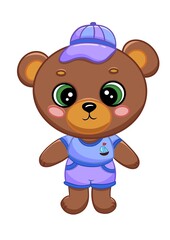 Cute cartoon bear in blue cap and outfit with big green eyes