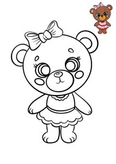 Cute bear coloring page with bow and dress for kids' creative fun