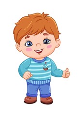 Smiling cartoon boy in blue outfit giving thumbs up with friendly expression