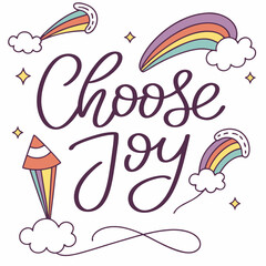 "Vibrant hand-lettered 'Choose Joy' design featuring whimsical script and rainbow gradients—perfect for digital downloads and uplifting decor."​