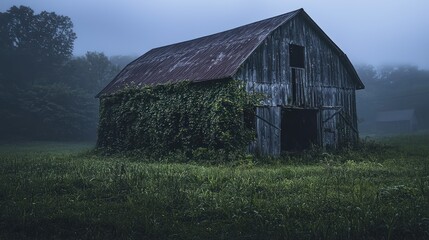 Obraz premium Mystical Barn in the Misty Morning