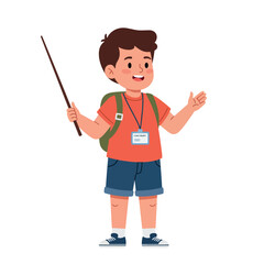 A cheerful young boy wearing a red t-shirt and carrying a backpack, engaging as a camp counselor in flat vector art