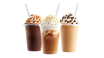 Three delightful coffee creations in plastic cups, a visual journey through coffee diversity