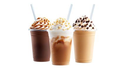 Three delightful coffee creations in plastic cups, a visual journey through coffee diversity