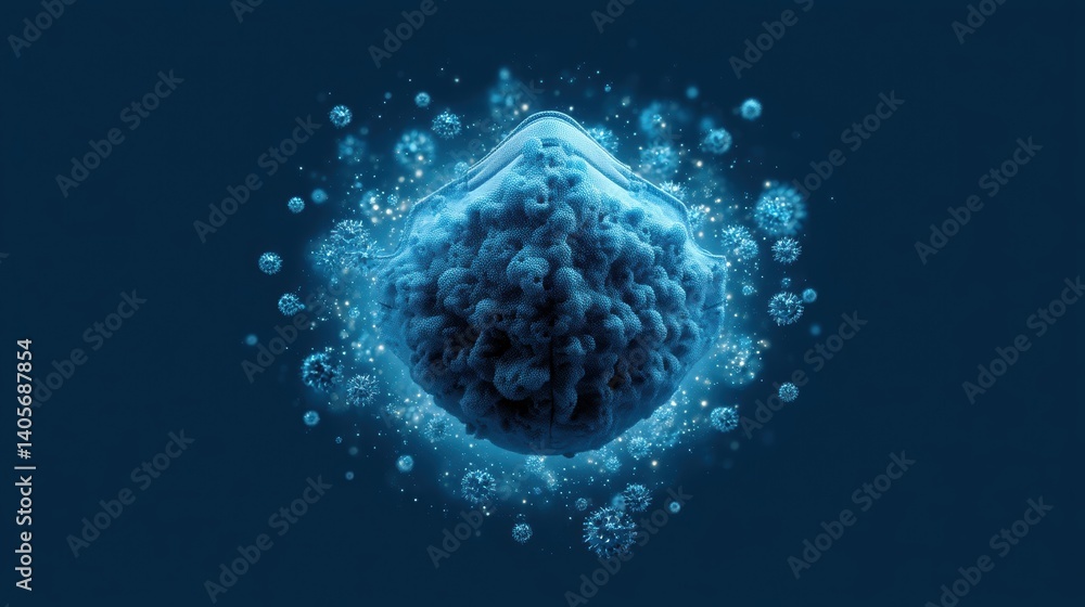 Poster glowing blue virus particle on dark background with detailed molecular structure