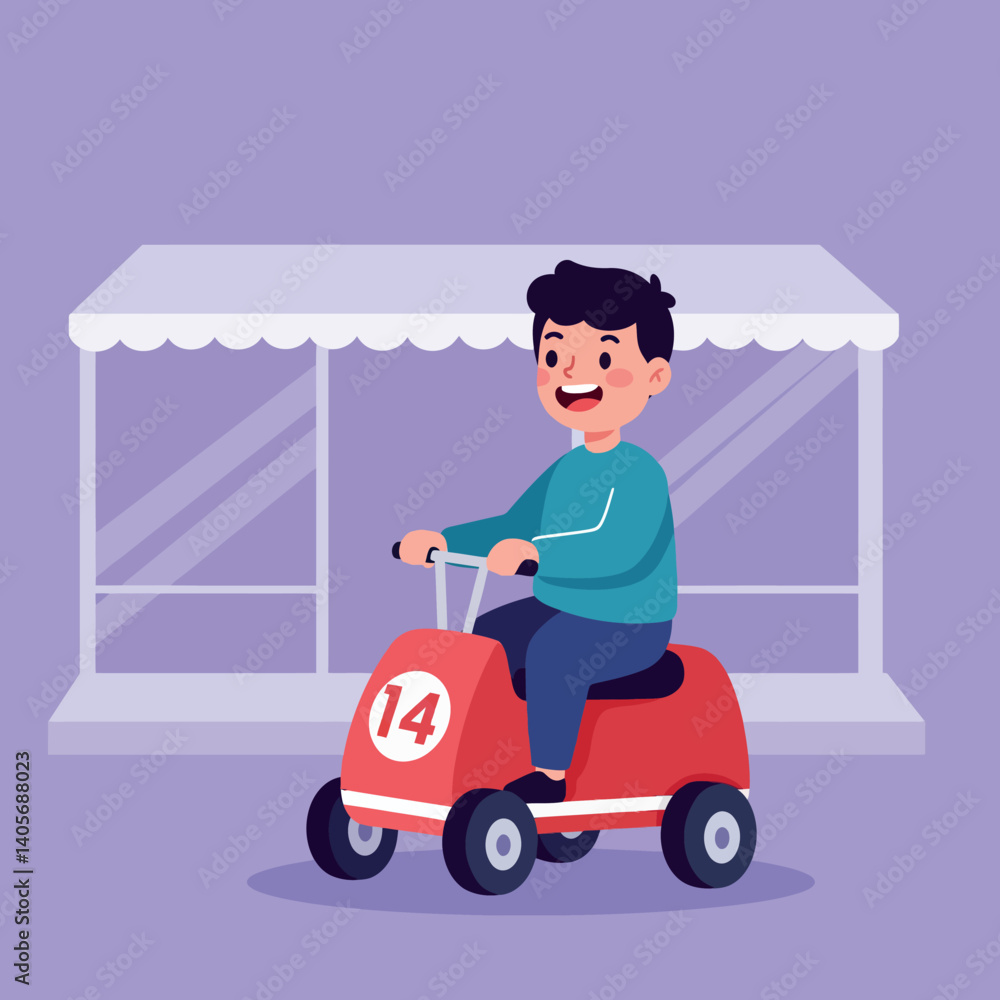 Poster a young boy happily riding a red toy car in a playful flat design vector illustration with a cheerfu