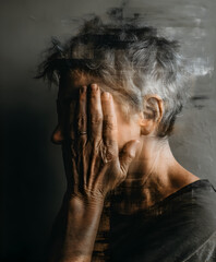 Fototapeta premium a figure with their head in their hands, symbolizing stress and overwhelm, with a blurry background.