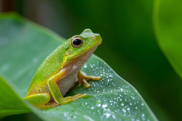 Obraz premium Green Tree Frog on Tropical Leaf in Soft Jungle Canopy Light – Macro Composition with Copy Space