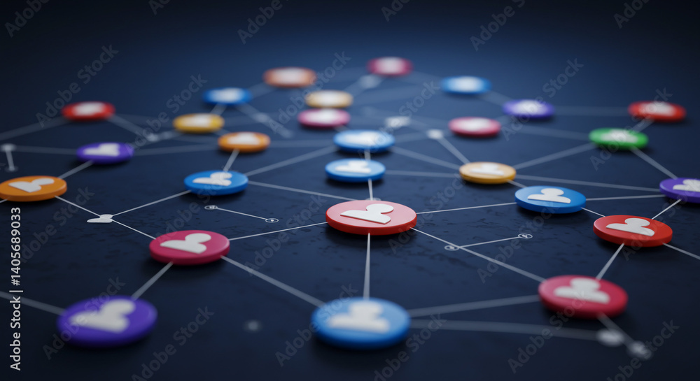 Aufkleber A vibrant network of interconnected people, symbolizing global community and collaboration, depicted in a 3D rendering with colorful nodes and subtle lines.