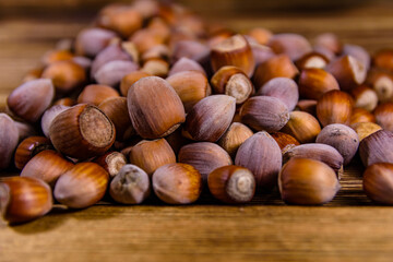 Pile of the hazelnuts on wooden table
