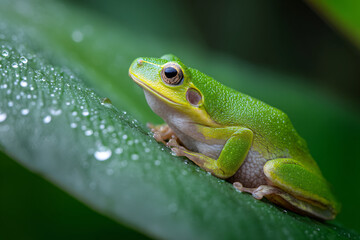 Obraz premium Green Tree Frog on Tropical Leaf in Soft Jungle Canopy Light – Macro Composition with Copy Space