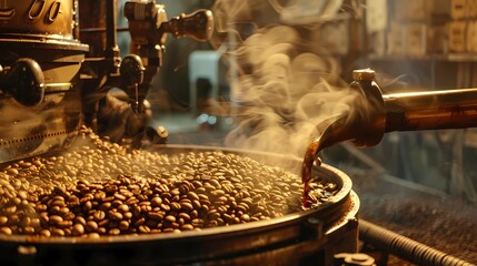 A coffee beans being roasted in a coffee roasting machine, beans are turning from green to a rich brown color, with smoke and steam rising, indicating the roasting process, Generative AI illustrations