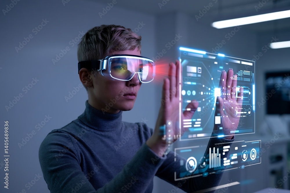 Poster person using futuristic glasses to interact with a holographic interface. the scene is set in a mode
