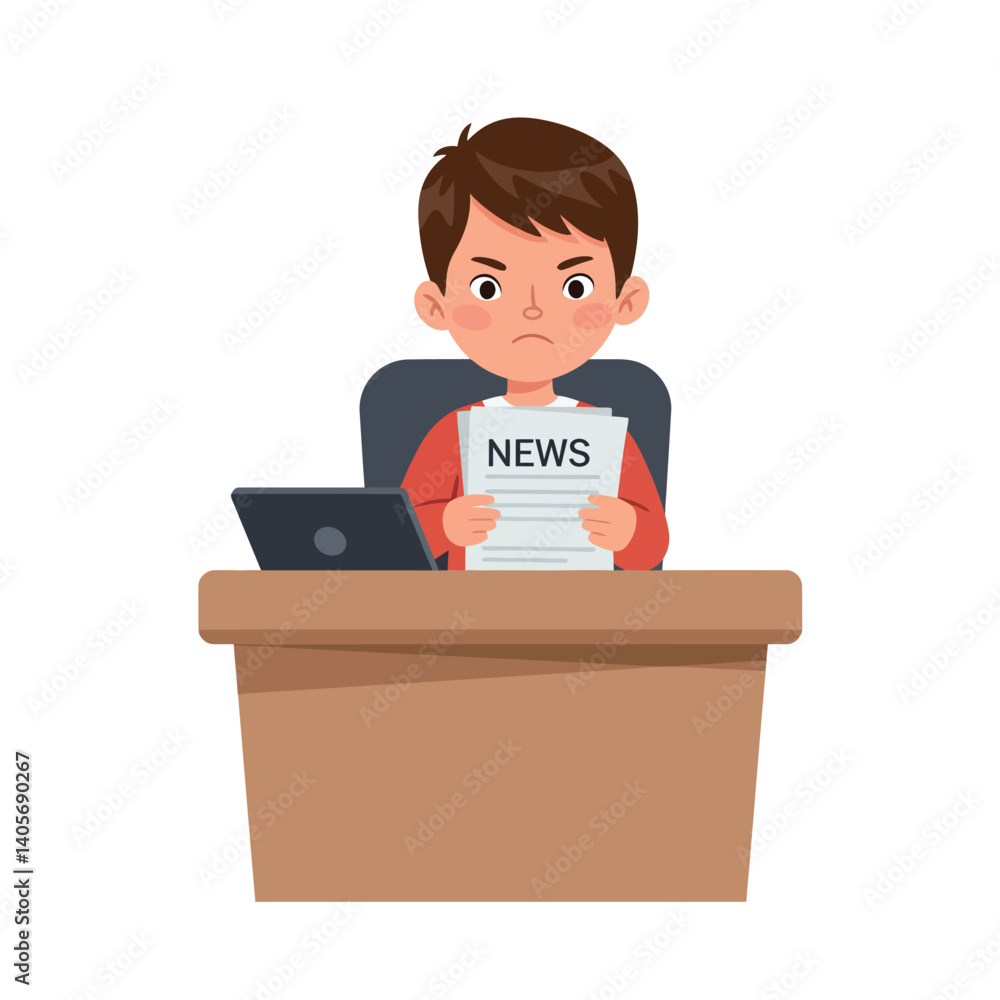 Poster young boy sitting at a desk reading a newspaper with an expression of concern in minimalist vector i