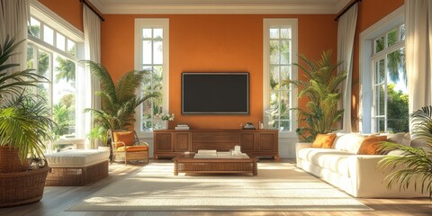 Sunny Living Room with Tropical Plants and Orange Walls, Modern Interior Design