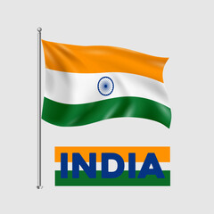 Realistic Indian National Flag Waving on a Pole with Bold Tri color INDIA Text Below on Light Background  Symbol of Patriotism, Republic Day, Independence, and Indian Culture