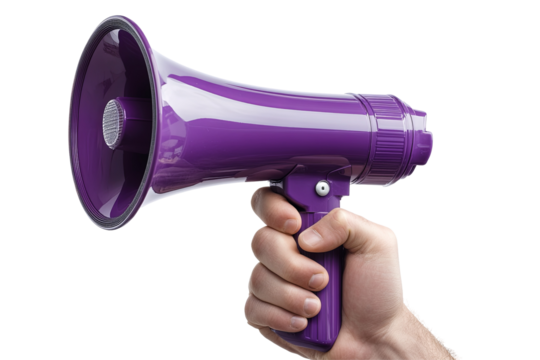 Hand holding purple megaphone transparent background backdrop. Amplifies voice. Communication is key - Powered by Adobe