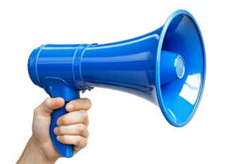 A hand firmly holding a blue megaphone against a transparent background. Clear, vibrant, and conveys a message