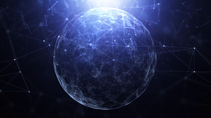 Dark blue shiny digital ai tech lines and sphere background illustration.