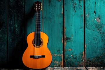 Fototapeta premium A beautiful classical guitar rests against a textured teal wooden background, showcasing its elegant curves and rich color.