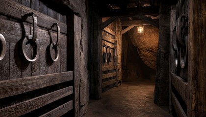A dimly lit corridor with rustic wooden doors featuring metal rings, suggesting an underground or historical setting.