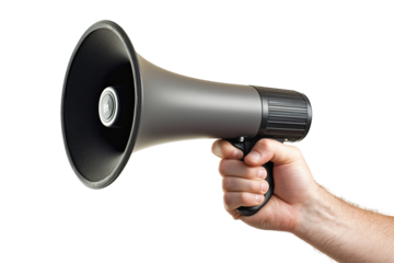 A hand grips a megaphone against a transparent background, signaling amplification and clear communication tool in action