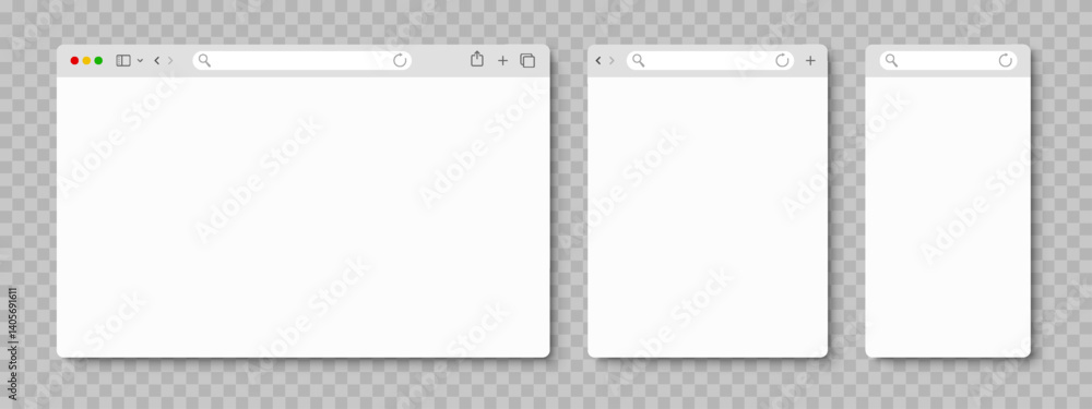 Poster Browser web window mockup, simple blank web page frame, search in internet, template browser window on laptop computer, tablet and smartphone