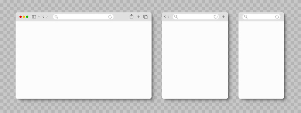 Browser web window mockup, simple blank web page frame, search in internet, template browser window on laptop computer, tablet and smartphone