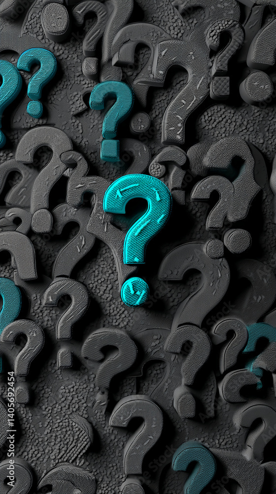 Poster textured dark gray question marks background with teal question marks, symbolizing inquiry, uncertai
