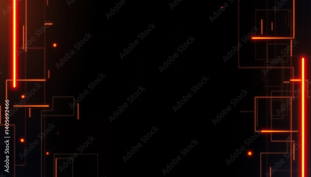 Poster abstract graphic background with geometric shapes and vibrant orange lines and dots on dark backdrop