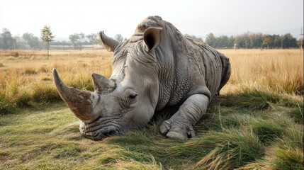 Fototapeta premium Generic Rhinoceros Resting Overview Grassy Field 9it2h2h